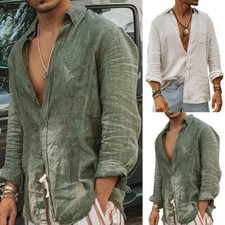 Camisa masculina casual algodão linho manga longa blusa solta com botões camisas tops↷ comprar usado  Enviando para Brazil