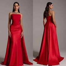 Requintado vestido de noite sereia vermelha sem alças plissado cetim festa baile vestidos comprar usado  Enviando para Brazil