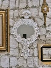 Espelho de parede redondo vintage emoldurado com moldura branca ornamentada 21x12x1,5" comprar usado  Enviando para Brazil