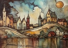 Caneta pintada à mão original e aquarela (ACEO) vila medieval comprar usado  Enviando para Brazil