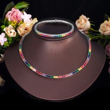 Używany, Silver Plated CZ Square Bracelet Rainbow Necklace Bracelet Jewelry Set Accessory na sprzedaż Używany, Silver Plated CZ Square Bracelet Rainbow Necklace Bracelet Jewelry Set Accessory na sprzedaż  Wysyłka do Poland