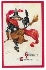 Cartão postal de Halloween assinado pelo artista Frances Brundage bruxa gato na vassoura comprar usado  Enviando para Brazil