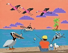 Usado, CENA DE PESCA TROPICAL: Gaivotas Pelicans Flamingos. PINTURA DE ARTE POPULAR DO SUL comprar usado  Enviando para Brazil