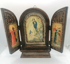 #1 Vintage Igreja Tríptico Relicário Madeira Religiosa Oratório Mesa Altar 11" comprar usado  Enviando para Brazil