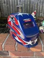 Capacete de solda elétrico Lincoln usado vermelho azul prata chamas estrelas decalque 11 tons comprar usado  Enviando para Brazil