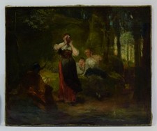 Używany, Około 1900 roku. Stary obraz, Gatunek w lesie, Wołanie, Olej, 73,5 x 61 cm na sprzedaż  PL
