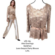 Usado, Y2K vintage. Blusa elegante festa laço fita lantejoulas renda dourada G/XL comprar usado  Enviando para Brazil