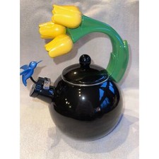 Chaleira de chá rara vintage 1995 Ancona preta assobiando com tulipa e beija-flor comprar usado  Enviando para Brazil