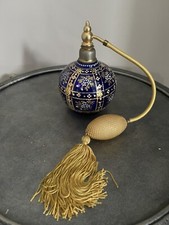 GARRAFA DE PERFUME MOSER BOHEMIAN VIDRO AZUL FRISADO FLOR OURO comprar usado  Enviando para Brazil