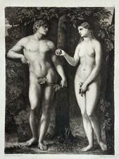Palma Vecchio / Unger Gravure Etching la pomme du pecher Adam et Eve Nu 1872 na sprzedaż  Wysyłka do Poland