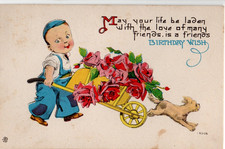 Antigo, PC, Aniversário, Menino Fofo, Carrinho de Mão com Rosas, Cachorro, C682, usado comprar usado  Enviando para Brazil