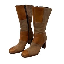 Botas vintage anos 90 Y2K doces couro patchwork tamanho 7 madeira bronzeada salto panturrilha média  comprar usado  Enviando para Brazil