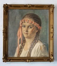 Pastelowy obraz portret młodej dziewczyny z warkoczami podpisany R. Drexler (19)24 na sprzedaż  PL