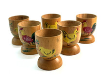 6 xícaras de ovos vintage de madeira pintadas à mão galinhas galos galos fazenda comprar usado  Enviando para Brazil