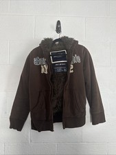 Jaqueta Abercrombie Wolf Jaw XL* marrom com capuz de pele sintética Y2K vintage – sem zíper comprar usado  Enviando para Brazil