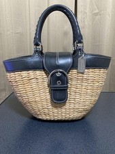 Bolsa tote COACH preta palha acabamento em couro cesta tecida bolsa de verão MBb1152, usado comprar usado  Enviando para Brazil