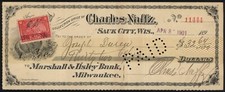Selo fiscal 1901 M&I R164p Charles NAFFZ Sauk City WISCONSIN cheque bancário NAVIO DE GUERRA comprar usado  Enviando para Brazil