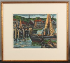 Vintage 1942 Assinado HARRY SHOKLER Barco de Pesca Marítima Porto Serigrafia, NR comprar usado  Enviando para Brazil