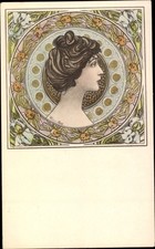 Artysta secesyjny Litho Kosa, portret młodej kobiety, kwiaty - 10832927, używany na sprzedaż  Wysyłka do Poland