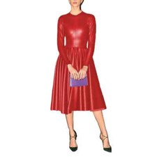Vestido feminino elegante couro ecológico sintético fino linha A manga longa gola O comprimento do joelho comprar usado  Enviando para Brazil