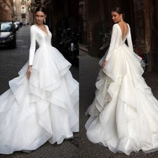 Vestido de noiva luxuoso linha A gola V manga comprida em camadas plissado cetim vestidos de noiva comprar usado  Enviando para Brazil