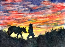 Cowboy Walking His Horse Against A Sunset, Impressão Artística Cowboy, Impressão Artística Western comprar usado  Enviando para Brazil