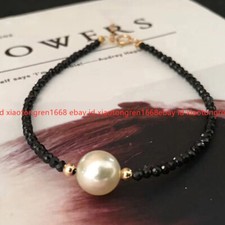 Usado, Pulseira pingente redonda pérola concha branca pedras preciosas espinélio preto facetado 3 mm 7,5 polegadas comprar usado  Enviando para Brazil