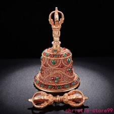 6,8" antigo tibetano bronze ouro 24k ouro dourado incrustado gema exorcismo sino anel o relógio sino comprar usado  Enviando para Brazil