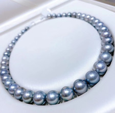 ENORME COLLAR DE PERLAS REDONDAS GRIS PLATEADO GENUINO MAR SUR NATURAL 18"12-14MM AAA segunda mano  Embacar hacia Mexico