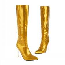 Botas femininas salto agulha biqueira pontiaguda couro envernizado com zíper altura do joelho clubwear @ comprar usado  Enviando para Brazil