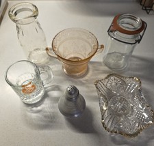 6 peças de itens de vidro vintage, vidro rosa Patricia, caneca bebê AW, prato de vidro prensado , usado comprar usado  Enviando para Brazil