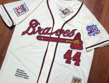 Camiseta nova em folha Atlanta Braves #44 Hank Aaron Cooperstown 2 patch costurada marfim HOMENS comprar usado  Enviando para Brazil