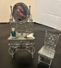 Vaidade e cadeira vintage ornamentada miniatura casa de bonecas metal cinza escuro 1:12 comprar usado  Enviando para Brazil