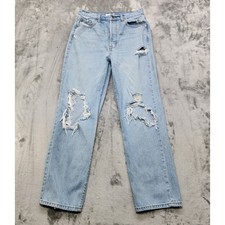 Jeans feminino violoncelo 9/29 azul cintura alta perna reta rasgada esticável desgastado comprar usado  Enviando para Brazil