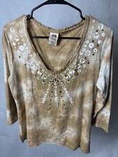 Blusa Feminina Faded Glory Originals Tan Tie-Dye Manga 3/4 Strass Boho Top, usado comprar usado  Enviando para Brazil