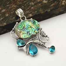 Pingente de peixe étnico pedra preciosa topázio azul concha Abalone presente joia 2,4" AP-37447 comprar usado  Enviando para Brazil
