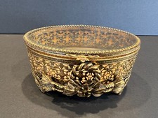 Antigo Ormolu Filigrana Ornamentada Vidro Chanfrado Joias Veludo Oval Caixa de Bugigangas Caixão comprar usado  Enviando para Brazil
