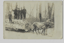 Cartão postal foto real RPPC - Loggers lenhadores em troncos puxados por cavalos comprar usado  Enviando para Brazil