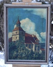 Vintage Oil Painting Church With Tower On Hill Architectural Landscape Scene na sprzedaż Vintage Oil Painting Church With Tower On Hill Architectural Landscape Scene na sprzedaż  PL