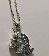 Joyas Unicornio Cristal Colgante Brillante 18" Cadena Collar Plata Rosa Azul PU segunda mano  Embacar hacia Mexico