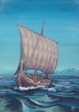 EXCELENTE PINTURA VIKING LONGSHIP ORIGINAL VIKINGS NÓRDICA LONGBOAT PAISAGEM MARÍTIMA comprar usado  Enviando para Brazil