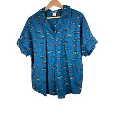 Blusa feminina Duluth tamanho L azul algodão orgânico retrô trailer acampamento colarinho comprar usado  Enviando para Brazil
