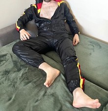 Fato de chuva vintage de náilon brilhante cal surf macacão longo com zíper capuz completo G comprar usado  Enviando para Brazil