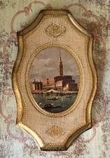 Placa de arte italiana florentina dourada vintage MCM com cena de gôndola veneziana, usado comprar usado  Enviando para Brazil