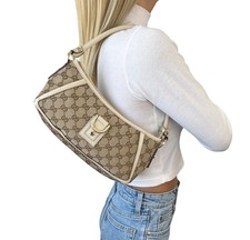 Bolsa de ombro GUCCI vintage GG monograma logotipo abadia zíper marrom lona dourada comprar usado  Enviando para Brazil