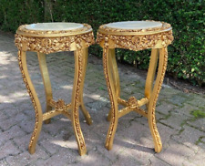 Par de Mesas Luís XVI Lado Dourado Francês com Tampos de Mármore Bege Vintage Elegante, usado comprar usado  Enviando para Brazil