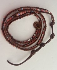 Pulseira Chan Luu Envoltório Couro Marrom Escuro Rosa/Coral Pedras Semipreciosas VENDA!, usado comprar usado  Enviando para Brazil