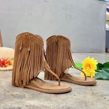 Sapatos femininos romanos baixos franjas borlas sandálias de couro camurça botas de tornozelo sapatos comprar usado  Enviando para Brazil