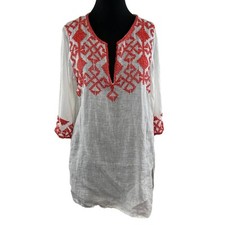 Blusa túnica Kurta Calypso St. Barth linho branco coral frisado manga 3/4 tamanho grande G comprar usado  Enviando para Brazil