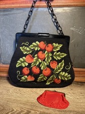 Bolsa personalizada vintage Needlepoint Christine Detroit Michigan cerejas preta vermelha J1 comprar usado  Enviando para Brazil